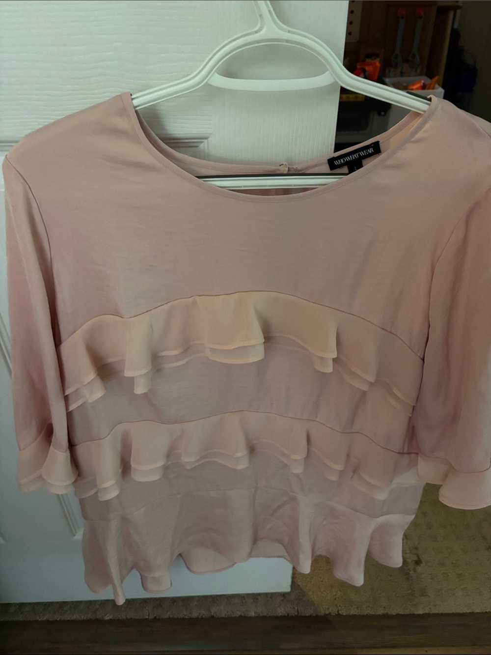 Women’s Light Blush Ruffle-Front elbow  sleeve  Blouse